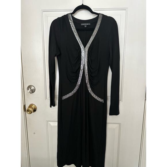 Lafayette 148 Dress Shimmer Metallic Silver Trim Ruched Midi Black Women's Sz 10 - Picture 2 of 9